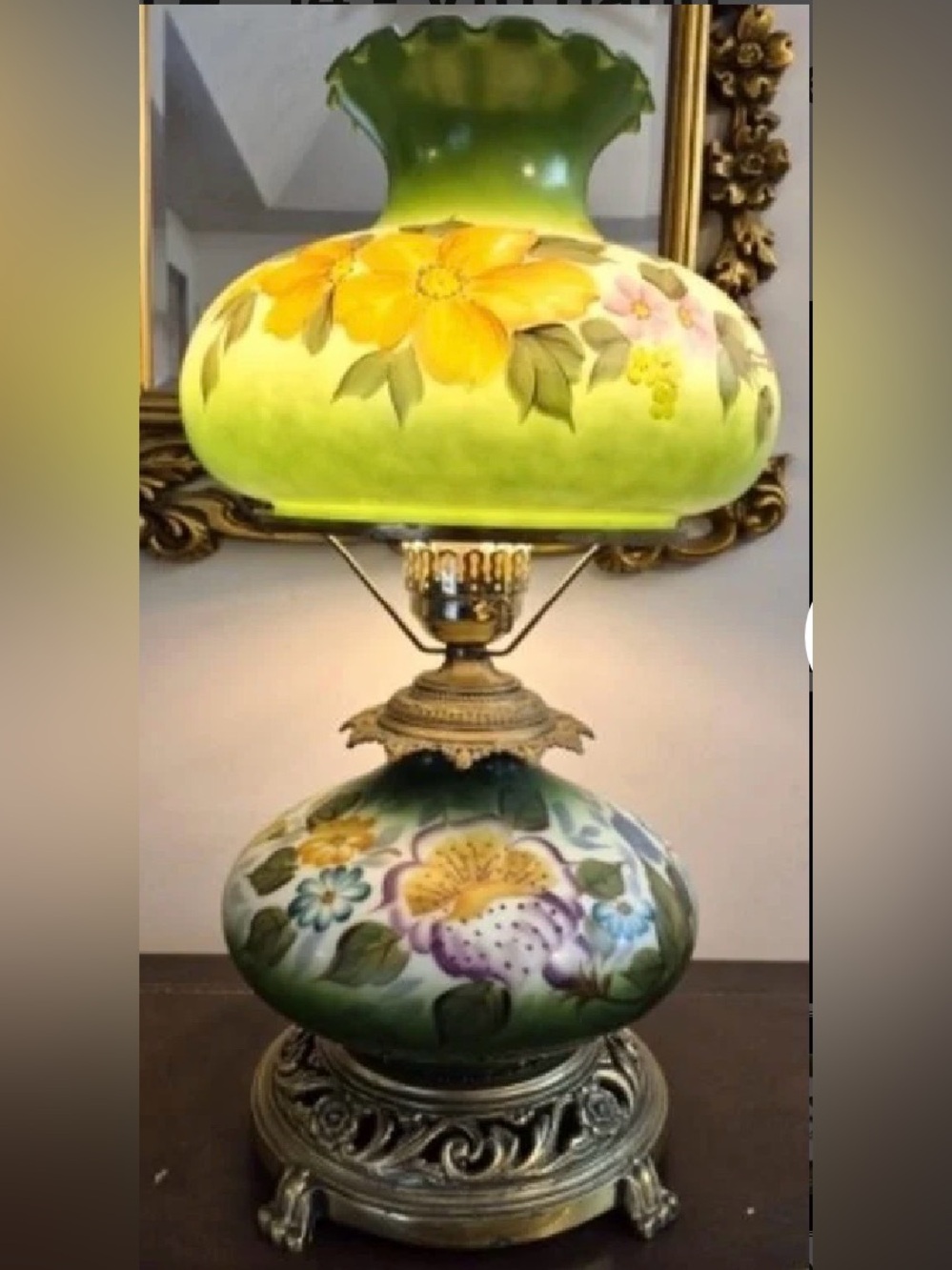 Vintage Large Green Floral Hurricane Lamp 3-Way Lighting